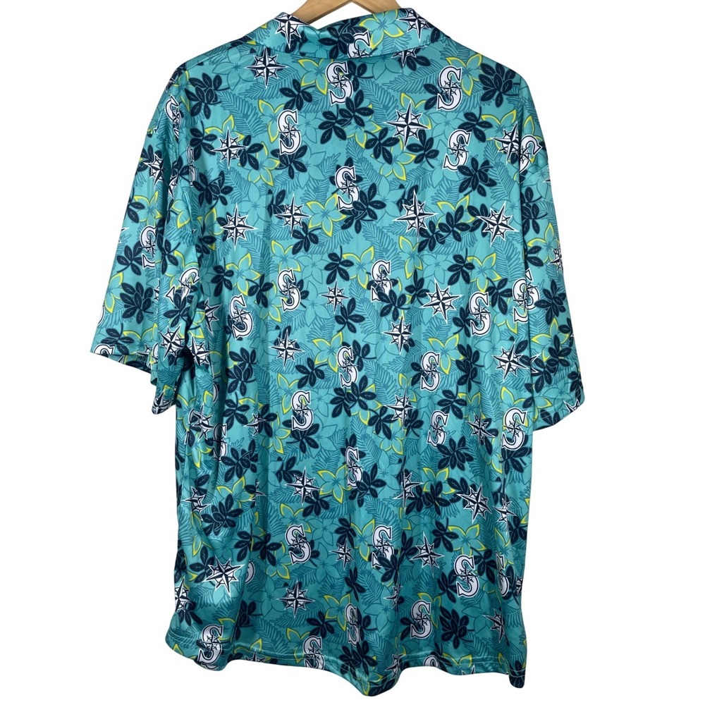 Seattle Mariners MLB Tropical Floral Button Down Shirt Mens XL Teal Blue Logo - Picture 2 of 5